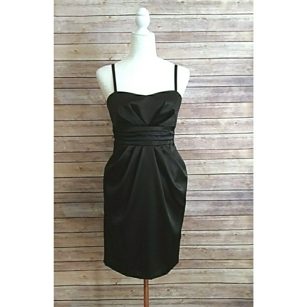 BCX Dress Black Pleated Cummerbund Sash Cocktail Satin Knee Length Size 9 Junior - Picture 2 of 9